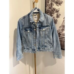 Zara Light Wash Denim Faux Shearling Lined Trucker Jacket XS Blue